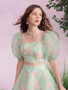 Free Returns ✓ Free Shipping On Orders $49+ ✓. SHEIN MOD Floral Print Puff Sleeve Mesh Blouse- Women Blouses at SHEIN. Gaun Koktail, Simple Frock Design, Long Gown Design, Fashionable Saree Blouse Designs, Long Dress Design, Fancy Dresses Long, Unique Blouse Designs