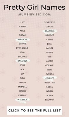 the pretty girl names list is shown in pink and white with snowflakes on it