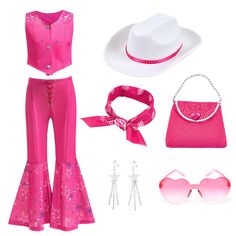 a woman's pink outfit and accessories including sunglasses, necklaces, hat, purse