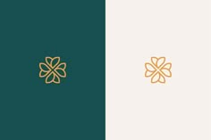 two different logos with gold and green accents on them, one is for a flower