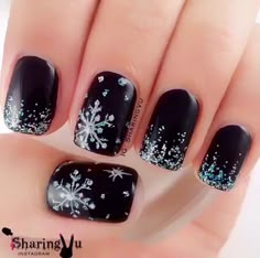 Black snowflake nails Snowflake Nail Design, Snowflake Nail Art, Finger Nails, Snowflake Nails, Trendy Nail Art