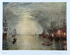 an old painting of ships in the water with fog coming from behind them and people on small boats