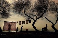 some people are hanging out to dry their clothes on the line by the water and trees