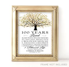 a framed sign that says 100 years loved in gold and white with a tree on it