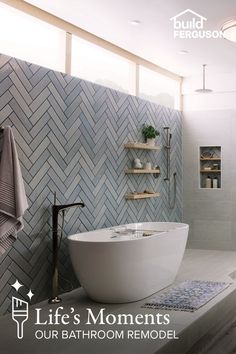 a bathroom with a bathtub and shelves on the wall