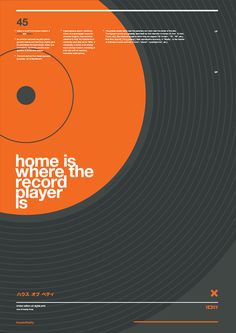 an orange and black poster with the words home is where the record player is