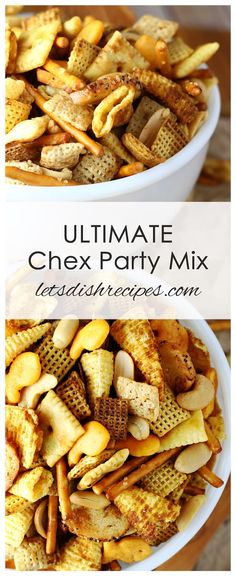 the ultimate cheesy party mix is ready to be eaten and served in a bowl