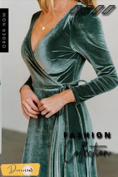 Deep V Neck Belted Slit Velvet Dress Maxi Dress Outfit, Velvet Maxi, Wrap Maxi Dress, Women Long Sleeve Dress, Puff Long Sleeves, Neck Bodycon Dress, Sleeve Maxi Dress, Stretch Velvet, Maxi Skirts