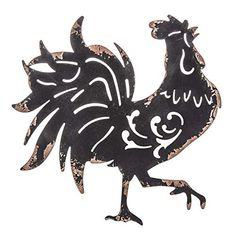 a metal rooster with the words home and garden essentials on it