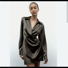 Nwot Not Worn, Excellent Condition Army Green Satin Effect Side Zip Mini Dresses 2023, Zara Satin Dress, Short Satin, Printed Short Dresses, Causal Dresses, Color Decoration, Surplice Dress, Matching Swimwear, Khaki Dress