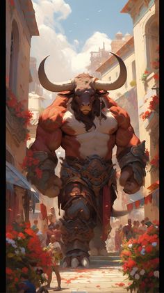 an animated character walking down a street with large horns on his head and huge arms