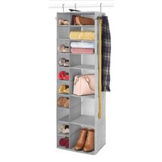 an over the door shoe rack with several pairs of shoes