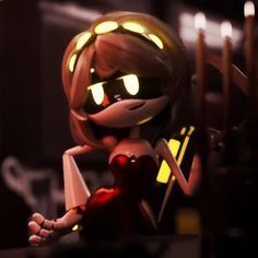 a cartoon character with glowing eyes and an evil look on her face, standing in front of candles