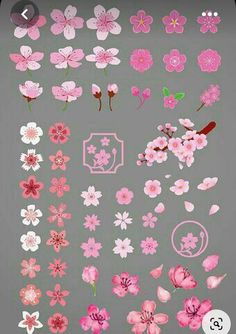 the pink flowers and leaves are arranged in different shapes, sizes and colors on this gray background