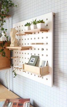 there is a shelf with plants and books on it