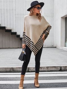 Khaki Casual Collar Long Sleeve Knitwear Striped Poncho Embellished Slight Stretch  Women Clothing Long Blouse Outfit, Poncho Fashion, Poncho Outfit, Poncho Design, Awesome Blouse, Stripe Outfits, Poncho Style, Women Sweaters, Women Long Sleeve Tops