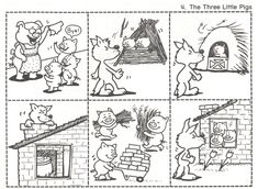 four cartoon scenes with pigs and other animals in the same room, one has a fire place