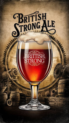 a beer glass with the words british strong ale on it and an image of gears in the background