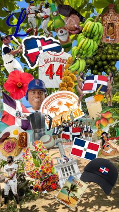 the collage shows many different things that have been made into a collage with flags and other items