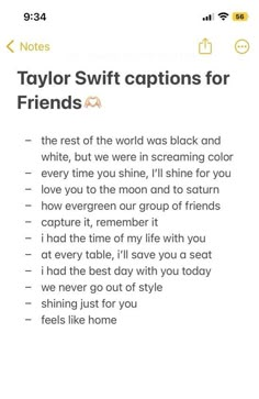 a text message with the words taylor swift captions for friends