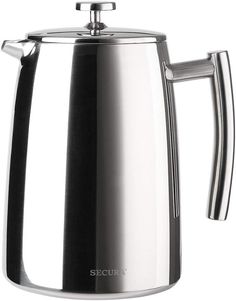 a stainless steel coffee pot with a handle on the top and bottom, is shown in front of a white background