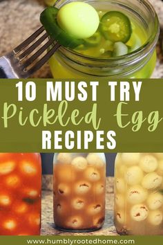 jars filled with pickled eggs sitting on top of a table