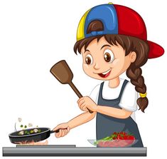 a girl cooking food on the stove with a frying pan in front of her