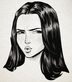 a black and white drawing of a woman's face with long, straight hair