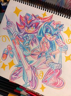 a drawing of two sonic the hedgehogs with stars in the background and on top of each other