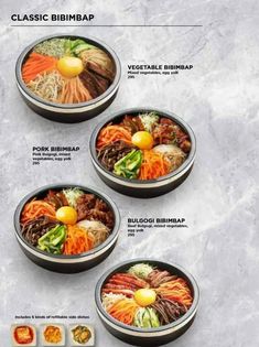 three bowls filled with different types of food