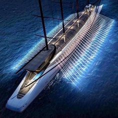 an artist's rendering of a sailboat in the ocean with lights on it