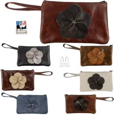 LEATHER FLOWER CLUTCH - Amish Handmade in USA - 10 COLORS Flower Clutch, Storage Outdoor, Handcrafted Handbags, Colors Combinations, Leather Flower, Flower Crystal, Zippered Clutch, Unique Flower