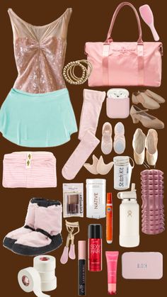 the contents of a woman's purse are arranged on a brown background with pink and blue accessories