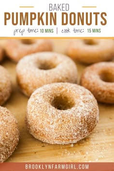 baked pumpkin donuts on a cutting board with text overlay