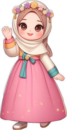 a cartoon girl in a pink dress with flowers on her head and hands up to the side