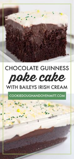 chocolate guinness poke cake with bailey's irish cream frosting on a white plate