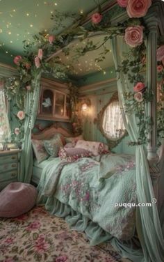 a bedroom decorated in green and pink with roses on the canopy bed, rugs and pillows