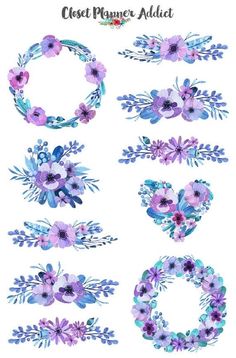 watercolor flowers and leaves are arranged in the shape of wreaths