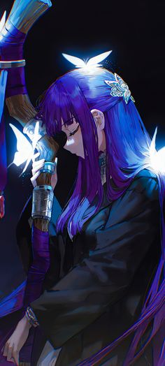 an anime character with purple hair and blue eyes holding a light in her right hand