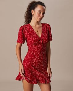 Free shipping on orders over $69. Shop The Red V Neck Polka Dot Flounce Mini Dress - red - xs,s,m,l,xl at RIHOAS. Polka Dot Mini Dress, Mini Dress Red, Tailored Clothes, Athleisure Tops, Short Sleeve Mini Dress, Red Mini Dress, Mini Dress With Sleeves, Polka Dot Dress, Dot Dress