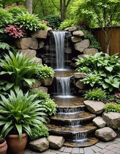 a small waterfall in the middle of a garden