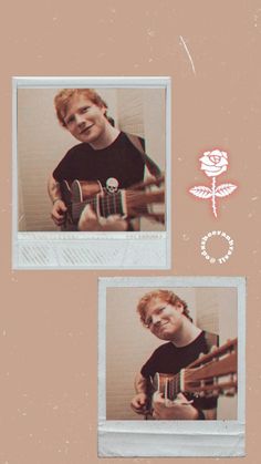 two polaroid photos of a young man playing the guitar