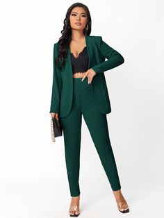 Women's Solid Color Long Sleeve Suit Jacket And Suit Pants, Elegant Suit Set Dark Green Elegant  Long Sleeve Fabric,Knitted Fabric Plain  Slight Stretch Spring/Fall Women Clothing, size features are:Bust: ,Length: ,Sleeve Length: Dark Green Womens Suit Wedding, Womens Suits Wedding, Women In Suits Aesthetic, Wedding Suits Women, Blue Black Suit, Green Suit Women, Forest Green Pants, Blazer Pants Set, Black And Red Suit