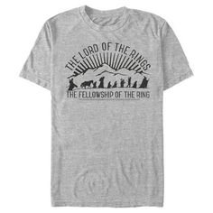 Get the one tee to rule them all with an officially licensed Lord of the Rings style! The beloved J. R. R. Tolkien novels and blockbuster films come to life with epic apparel for the whole family featuring all your favorite classic characters! This Men's Fellowship of the Ring Mountain Silhouettes Graphic T-Shirt features silhouettes of Gandalf, Legolas, Aragorn, Frodo Baggins, Gimli, Meriadoc Brandybuck, Peregrin Took, Samwise Gamgee, and Boromir walking over the mountains framed by the text "T Meriadoc Brandybuck, Legolas Aragorn, Lord Of The Rings Fellowship, Mountain Silhouette, Fellowship Of The Ring, Sleeve Packaging, Legolas, The Lord Of The Rings, Gandalf