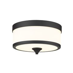 a black ceiling light with a white glass shade on the bottom and an oval shape