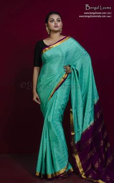 Soft Mysore Crepe Pure Silk Woven Checks Saree in Turquoise, Cotton Dark Purple and Gold Color Turquoise