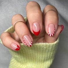 like if you would get them Candy Cane Nails French Tip, Candy Cane Tip Nails, Candy Cane Manicure, Cheer Nails Designs, Candy Cain Nails, Candy Cane Nails Short, Cute Short Winter Nails, Candy Cane Nail Art, Short Winter Nails