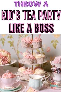 there is a pink tea party with cupcakes on the table