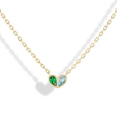 A modern take on a heart design, the sweetheart necklace is the perfect personalized style. Customize with your favorite color or gemstones of your choice. Available in 18K Yellow Gold Gemstone weight = approx. 0.20 carats each Pendant = 9 x 6.5mm Diamond =F-G+ SI1+ Chain length = 16in Colored stones are natural and co Modern Gold Jewelry, Art Jewelry Design, Emerald Blue, Colored Stones, Stylish Bracelet, Classy Jewelry, Birthstone Pendant, Minimal Jewelry, Gems Jewelry