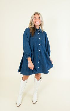 Collared Pockets at bust and side Long sleeves with elastic cuffs Lightweight Non-sheer 100% Cotton SIZES: SMALL MEDIUM LARGE Game day or concert, this denim dress has got your back. Featuring a full button-up front and long sleeves, this mini dress is perfect for any fall event. Pair with boots and a hat for a country vibe, or sneakers for a sporty look. SIZE XS S M L XL 2XL 3XL FITS A SIZE 00-0 2-4 6-8 10-12 14-16 18-20 22-24 Country Vibe, Platform Heels Boots, Fall Events, Sandal Platform, Blue And White Dress, Family Pics, Button Up Long Sleeve, Got Your Back, Platform Sandals Heels